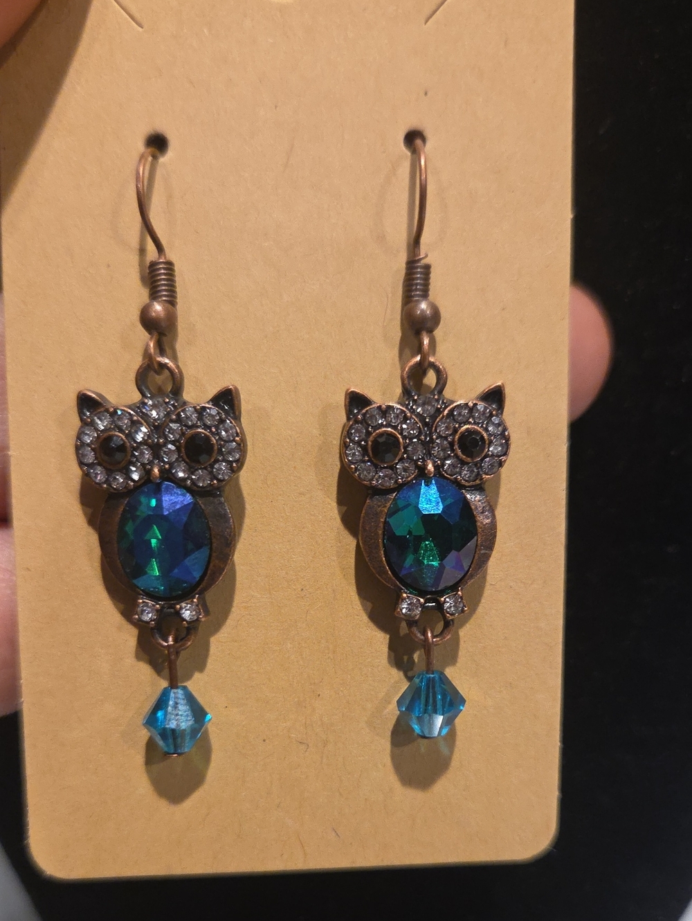 Vintage-Inspired Blue Crystal Owl Drop Earrings